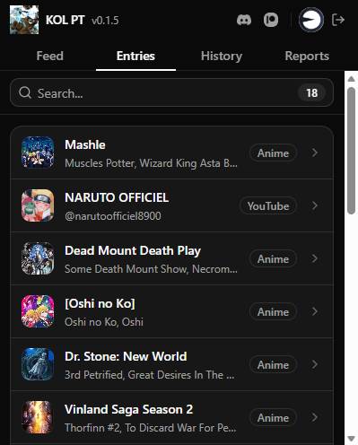 The popup's Entries tab listing shows and YouTube channels